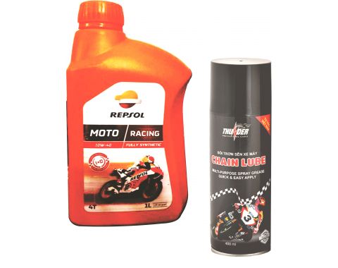 KHUYẾN MÃI ĐẶC BIỆT: Mua 01 Chai Dầu nhớt Repsol Racing 4T 10W-40 GÍA: 270.000đ Tặng Chai Bôi trơn sên Thunder 400ml